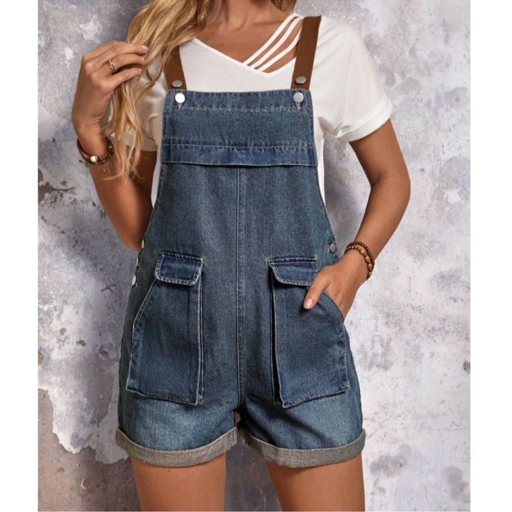 Casual Pockets Cuff Hem Shorts Denim Jean Overalls XS S M L